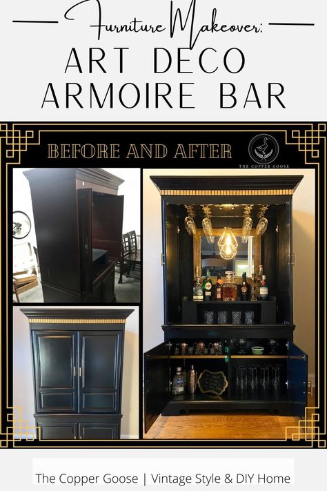 Furniture makeover of an armoire into an art deco armoire bar with completed piece painted black with gold accents and staged with wine glasses, liquor, and cocktail accessories. Art Deco Armoire, Swag Lighting, Diy Art Deco, Armoire Bar, Armoire Makeover, Staining Furniture, Thrifted Home Decor, Stained Glass Light, Art Deco Bar