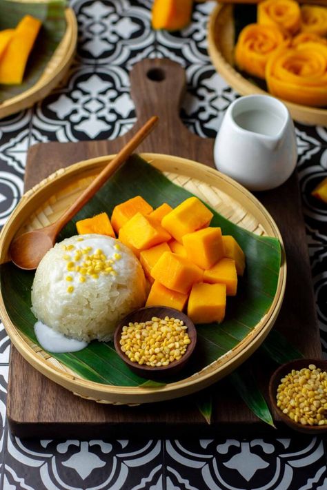 Mango Sticky Rice Photography, Mango Sticky Rice Aesthetic, Cake Aesthetic Design, Cake Pictures Aesthetic, Sticky Mango Rice, Thai Mango Sticky Rice, Sticky Rice With Mango, Mango Sticky Rice Recipe, Coconut Food