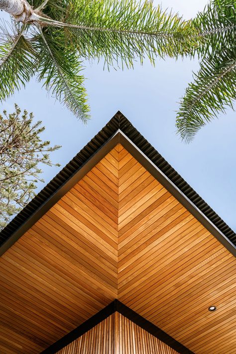 Overhanging roofs shade outdoor areas of cedar-clad Seaside Reef House Roof Eaves, Shade Outdoor, Rectangular Swimming Pools, Flat Roof Extension, Roof Cladding, Ceiling Cladding, Exposed Rafters, Australia House, Timber Roof