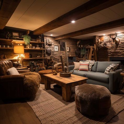 7+ Creative Ideas to Turn Your Basement into a Cozy Living Room • 333+ Images • [ArtFacade] Basement Remodel Family Room, Cabin Theme Basement, Dark Walls Basement Family Rooms, Cabin Core Living Room, Rustic Cabin Basement Ideas, Cabin Themed Basement, Cozy Cabin Basement Ideas, Dark Farmhouse Living Room Rustic, Cozy Basement With Fireplace