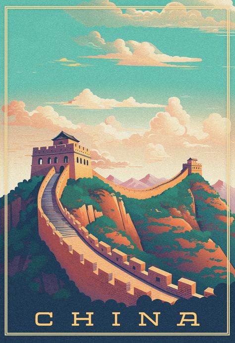 An artistic rendition of the Great Wall of China in all of its glory. Ancient China Drawing, Great Wall Of China Illustration, China Art Illustration, Great Wall Of China Painting, Great Wall Of China Drawing, Poster Architecture Presentation, Landmarks Drawing, China Drawing, Ancient China Art