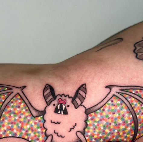 Deryk Webb on Instagram: "🦇From my Flash🦇 Thanks a whole bunch Becca 🙏 📍 @confetti.club.tattoo . #nashvilletattoo #uvtattoo #battattoo" Bat Elbow Tattoo, Bunnicula Tattoo, Confetti Tattoo, Bat Tattoo Colorful, Bat Cluster Tattoo, Girly Bat Tattoo, Illustrative Bat Tattoo, Nashville Tattoo, Uv Tattoo