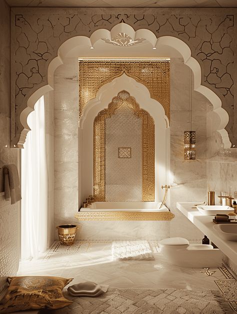 Moroccan Themed Bathrooms: Elegant Tile and Accessories Morroco Bathroom, Salaah Room, Bathroom Ceiling Design, Modern Moroccan Bathroom, Moroccan Bathroom Ideas, Islamic Palace, Modern Moroccan Interior Design, Morrocan Home, Moroccan Style Bathroom