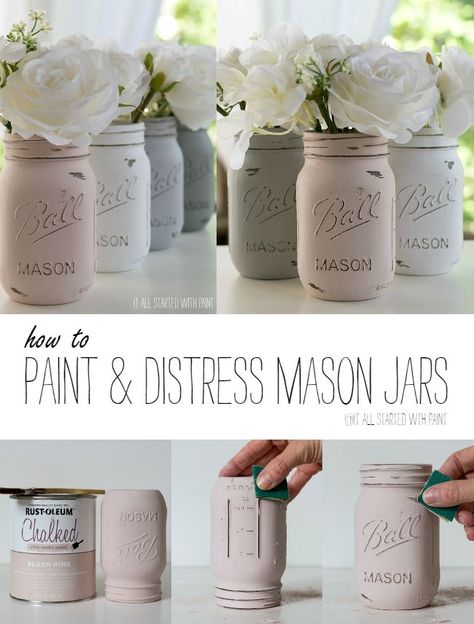 Chalk Painted Mason Jars:  Detailed Tutorial on How To Paint & Distress Mason Jars Shabby Chic Diy Projects, Chalk Paint Mason Jars, Distressed Mason Jars, Mason Jar Projects, Romantic Shabby Chic, Diy Jar Crafts, Shabby Chic Diy, Jar Diy, Painted Mason Jars