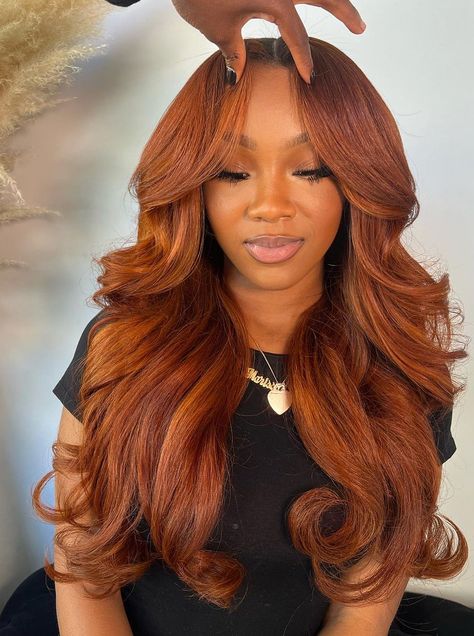 Ginger Brown Wig Black Women, Auburn Copper Hair Black Women, Reddish Brown Hair Wig, Red And Brown Hair Black Women, Halloween Costumes For Orange Hair, Copper Hair Wig, Sew In Hairstyles Ginger, Copper Balayage Black Women, Copper Orange Hair On Black Women