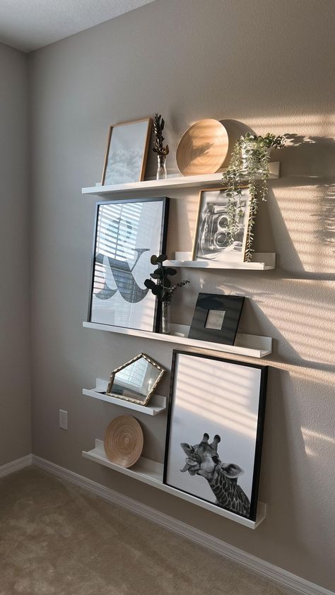 Wall Decor Shelves And Frames, Floating Shelves Photo Wall, Ikea Shelves Wall Shelves Living Room, Floating Shelf Wall Bedroom, Blank Wall Next To Tv, Black Floating Shelves Tv Wall, Shelf In Bedroom Wall, Lack Shelves Living Room, Ikea Shelves Ideas