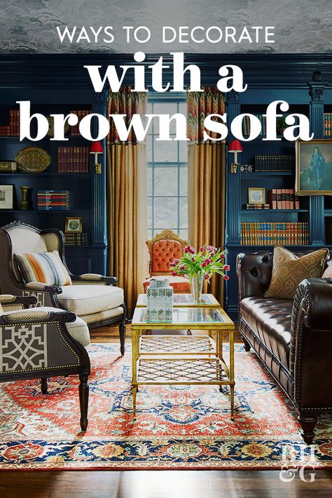 Get inspiration on how to style a brown sofa so that your living room stays fresh and modern. #decorideas #livingroomdecor #brownsofa #bhg Dark Brown Sofa Living Room, Brown Leather Sofa Living Room, Dark Brown Leather Sofa, Leather Couch Living Room Decor, Brown Leather Couch Living Room, Dark Furniture Living Room, Dark Brown Sofas, Brown And Blue Living Room, Brown Sofa Living Room