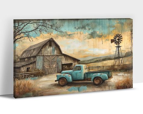 PRICES MAY VARY. 👏Farmhouse Truck Wall Decor Size - This Retro Farmhouse Truck canvas wall art measures 28x40 inches, Please measure the wall to choose the right canvas size before purchasing! Shop our wide selection of canvas wall art by color, size, or style, adding an amazing and distinctive effect to your home decoration. We consistently keep our canvas paintings with a stylish look! Bring art into your life! 🏡Say Goodbye to Boring Room: Every American family has nostalgic memories of the Painting A House On Canvas, Old Farm Paintings, Truck Painting Ideas, Barn Paintings On Canvas, Autumn Posters, Farm Scene Painting, Truck Drawings, Rustic Farmhouse Wall Decor, Barn Wood Art