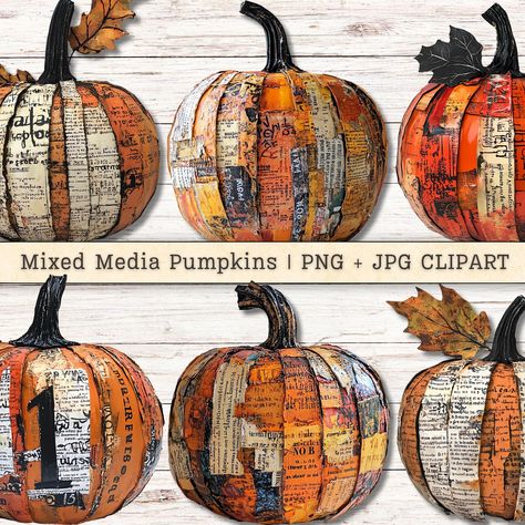 Mixed Media Pumpkin, Mixed Media Halloween Art, Pumpkin Collage Art, Ephemera For Junk Journals, November Crafts For Adults, Free Halloween Prints, Pumpkin Collage, Mixed Media Collage Techniques, Collage Cutouts