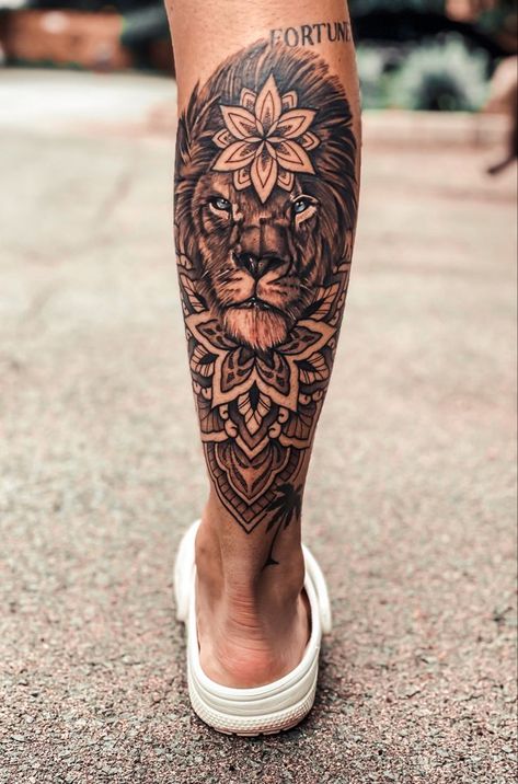 Lion Mandala Tattoo Men, Lion And Mandala Tattoo, Mens Lion Tattoo Leg, Unique Calf Tattoos, Calf Tattoo Men Calves, Men Shin Tattoo, Lion Leg Tattoo Men, Calf Muscle Tattoo For Women, Leg Tattoos For Men Calves