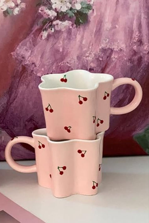 Women Girls Pink Flower Shape Cherry Mug Ceramic Coffee Mug Water Cup Toot Bags, Cherry Mug, Cup Painting, Cherries Painting, Diy Pottery Painting, Pottery Inspo, Cute Coffee Cups, Coffee Jars, Pottery Inspiration