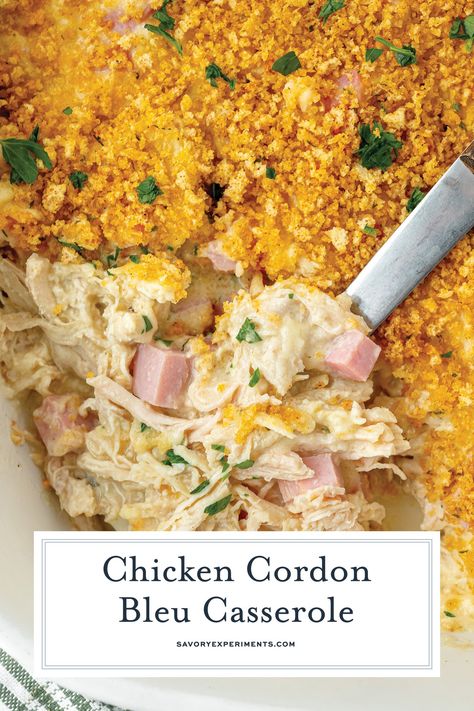 With all the flavors of classic chicken cordon bleu, this Chicken Cordon Bleu Casserole simplifies things for the ultimate EASY dinner! Freezer Chicken Cordon Bleu Casserole, Chicken Cordon Bleu Hashbrown Casserole, Blue Ribbon Dinner Recipes, Chicken Cordon Bleu Bake Casserole, Chicken Cordon Blue Casserole With Cream Of Chicken Soup, Chicken Cordon Bleu Quesadillas, Chicken Cordon Bleu Freezer Meal, Chicken Cordon Bleu Casserole With Rice, Cordon Blue Casseroles