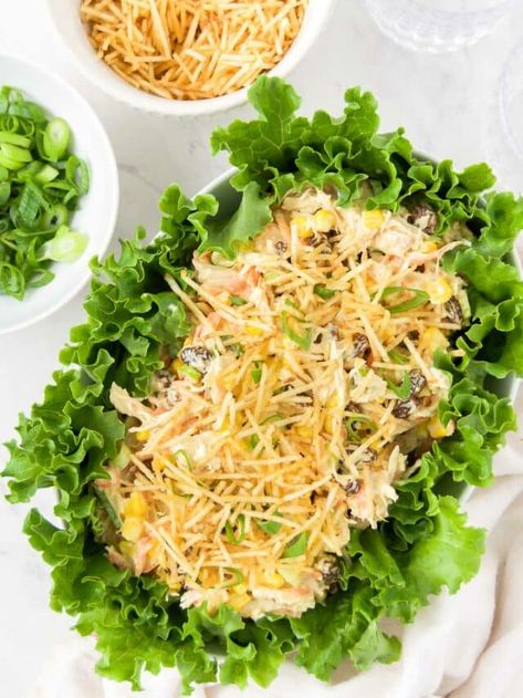 Brazilian Chicken Salad: Salpicão de Frango Recipe - Brazilian Kitchen Abroad Brazilian Chicken Salad, Brazilian Kitchen, Brazilian Chicken, Mayonnaise Dressing, Brazilian Recipes, South American Recipes, Latin American Recipes, Potato Sticks, Delicious Veggies