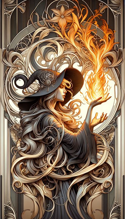 Art nouveau witch playing with fire Art Nouveau Fantasy Illustration, Art Nouveau Print, Fire Witch Art, Witch Illustration Art, Fire Magick, Art Nouveau Graphic Design, Art Nouveau Tarot, Books Decoration, Art Nouveau Home