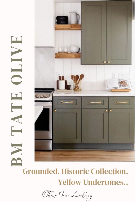 Part of Benjamin Moore's Historic Collection, Tate Olive is a deep, rich color with beauiful yellow undertones for those that love a more grounded color in their space! Dark Olive Benjamin Moore Kitchen Cabinets, Olive Green Cabinet Colors, Benjamin Moore Tate Olive Cabinets, Tate Olive Benjamin Moore Kitchens, Bm Dark Olive Cabinets, Aegean Olive Benjamin Moore, Dark Olive Benjamin Moore Cabinets, Oil Cloth Benjamin Moore Cabinets, Neutral Green Kitchen