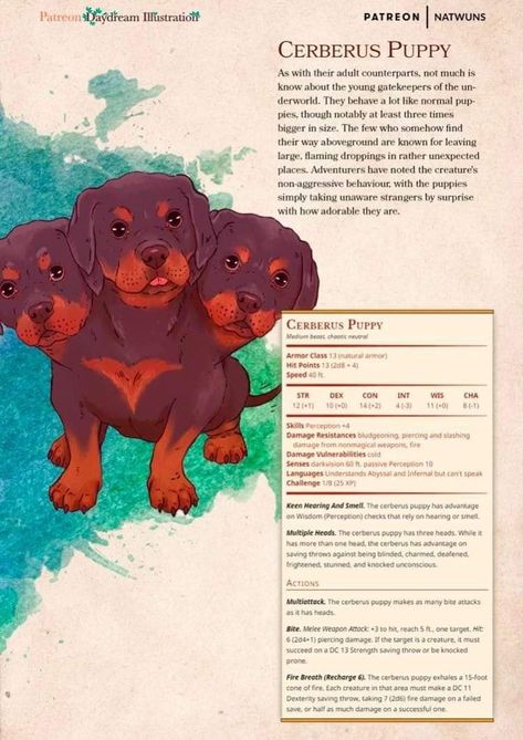 Cerberus Puppy, Stat Block, Dnd Stats, Dnd Character Sheet, Dnd Stories, Mythical Monsters, Dnd Races, Dnd Funny, Dnd 5e Homebrew