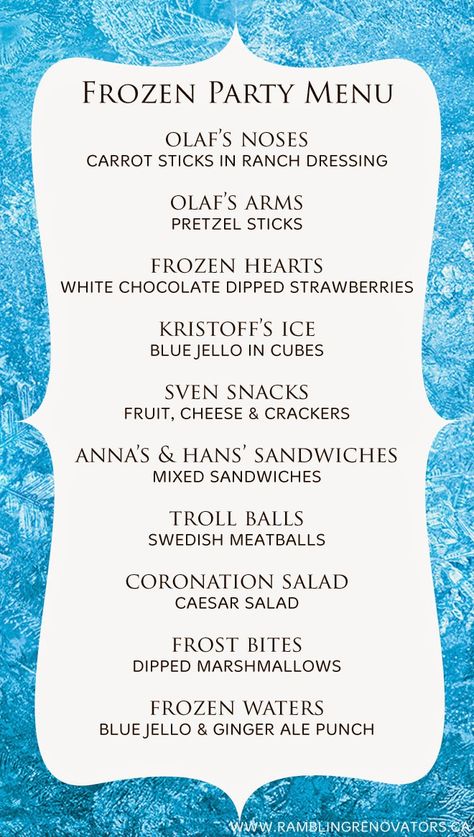 frozen birthday party ideas, frozen birthday party food ideas, frozen birthday party decorations, frozen themed birthday party Frozen Party Menu, Schnee Party, Winter Wonderland-party, Birthday Party Menu, 4de Verjaardag, Frozen Bday Party, Disney Frozen Birthday Party, Kitchen Decals, Disney Frozen Party