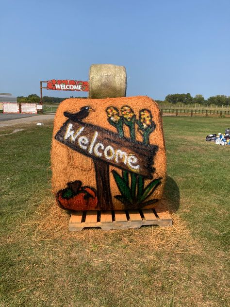 Painted Hay Bales Fall, Halloween Hay Bales, Hay Bale Fall Decor, Hay Bale Painting, Hay Bale Fall, Hay Bale Decor, Painted Hay Bales, Hay Bale Decorations, Hay Bale Ideas