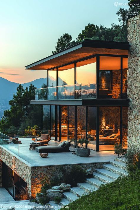 Mountain Prism Style - Hillside Glass Villa Collection | AI Villa Check more at https://blockfine.com/mountain-prism-style-hillside-glass-villa-collection-ai-villa House Design On Sloped Land, House On Slope Architecture, Bungalows Design, Steep Hillside House, House Built Into Hill, Hillside Homes, Slope House Design, House On Slope, Slope House