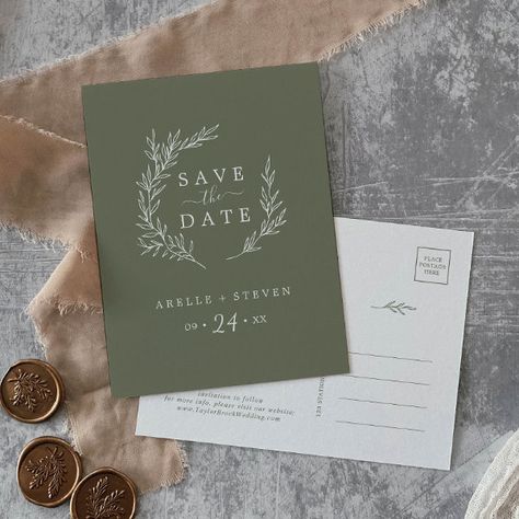 Minimal Leaf | Dark Green Save the Date Invitation Postcard Green Save The Date, Whimsical Minimalist, Minimalist Leaves, Rustic Wedding Save The Dates, Rustic Save The Dates, Date Invitation, Green Wedding Invitations, Simple Invitation, Save The Date Postcards