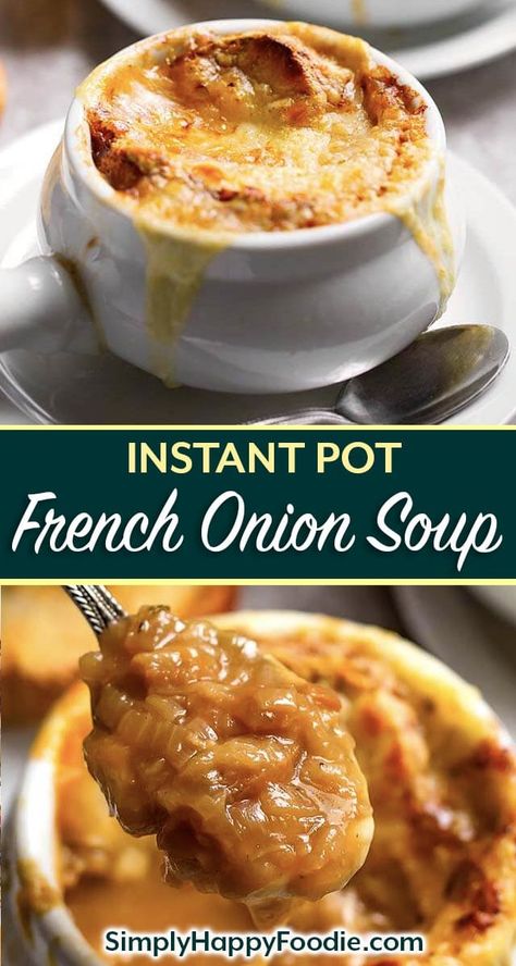 Instant Pot French Onion Soup is so delicious, with caramelized onions and rich, flavorful beef broth. This pressure cooker French Onion Soup recipe will impress your guests, and you will enjoy the amazing flavor it has! simplyhappyfoodie.com, french onion soup, instant pot soup, instant pot dinner ideas Instant Pot French Onion Soup, Pressure Cooker Soup Recipes, Instapot Meals, Cozy Cook, Toasted Baguette, Onion Soup Recipe, French Soup, French Onion Soup Recipe, Instant Pot Soup Recipes