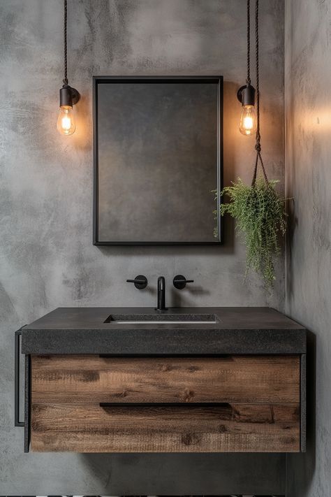 Transform your space with this elegant modern bathroom idea! Featuring minimalist design, a sleek black countertop, and warm wooden accents, this look blends contemporary style with rustic charm. Perfect for those seeking a unique and stylish bathroom makeover. #HomeDesign #ModernBathroomIdeas #InteriorInspiration Moody Modern Bathroom, Limewash Bathroom, Rustic Powder Room Ideas, Concrete Bathrooms, Industrial Modern Bathroom, Elegant Modern Bathroom, Rustic Powder Room, Humble House, Black Countertop