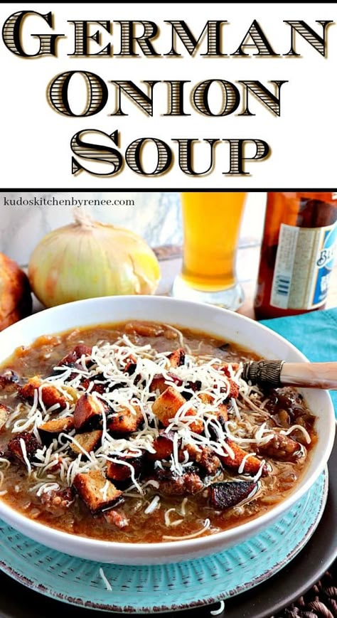 German Onion Soup has plenty of caramelized onions, beer, bratwurst and pretzel roll croutons! YUM! It will soon become a family favorite! #onionsoup #caramelizedonions #soup #bratwurstsoup #cookingwithbeer #germanrecipe #germansoup #bratwurst #germanonionsoup #pretzelrolls #kudoskitchenrecipes #oktoberfestrecipe German Onion Soup, Brewery Food, Pretzel Roll, Beer Bratwurst, Beer Soup, Bisque Soup Recipes, Easy German Recipes, German Food Recipes, German Food Authentic