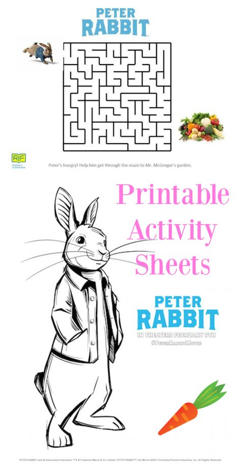 These printable Peter Rabbit Activity Sheets include coloring sheets of Peter, his family and friends, as well as a maze to help Peter find his way to Mr. McGregor's garden.  #PeterRabbitMovie #PeterRabbit #printables The Tale Of Benjamin Bunny, Peter Rabbit Bulletin Board, Rabbit Activities For Kids, Peter Rabbit Activities, Rabbit Activities, Preschool Craft Ideas, Peter Rabbit Movie, Rabbit Printable, Colour Pages