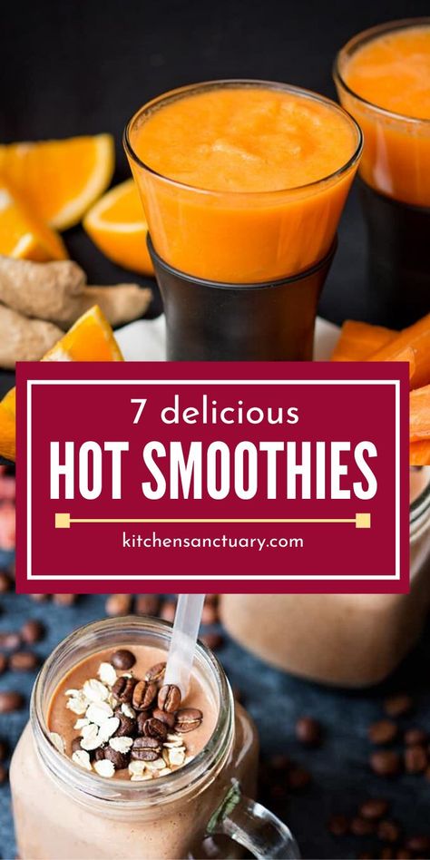 7 Smoothie Recipes that are hot and will warm you up on a cold winter day. Great way to kickstart your morning or mid-day snack. #smoothie #hot #drink #forwinter #recipe #easy #best #delicious #healthy Hot Smoothie Recipes, Winter Smoothie Recipes, Hot Smoothie, Winter Smoothies, Easy Healthy Smoothie Recipes, Kitchen Sanctuary, Detox Breakfast, Winter Snack, Smoothie Recipes With Yogurt