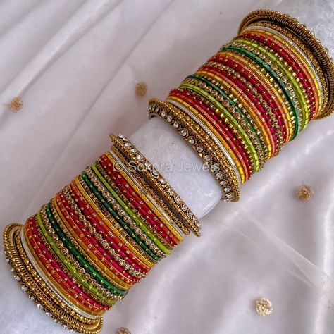 Madiha Mendhi Bangle Set - SOKORA JEWELSMadiha Mendhi Bangle SetBANGLES Desi Fits, Bangle Box, Hand Harness, Silk Thread Bangles, Fancy Jewellery Designs, Bridal Choker, Bridal Necklace Set, Thread Bangles, Bracelets Design