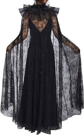 GORAIS Lace Long Cloak Black Halloween Costumes Cape Full Length Cosplay Sheer Capes for Women Womens Crow Costume, Pretty Witch Costume For Women, Practical Magic Witch Costume, Crow Costume Ideas, Pregnant Witch Costume, Cool Witch Costumes, Black Dress For Halloween, Women Witch Costume, Halloween Costumes Women Aesthetic