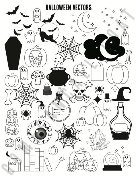 A variety of different vector images were created for Halloween. This includes pumpkins, ghosts, and many other Halloween-related creatures. Halloween Drawings On White Board, Halloween White Board Drawings, Cute Doodles Black And White, Spooky Easy Drawings, Little Halloween Doodles, Simple Spooky Drawings, Halloween Art Simple, Halloween Doodle Ideas, Halloween Drawings Simple