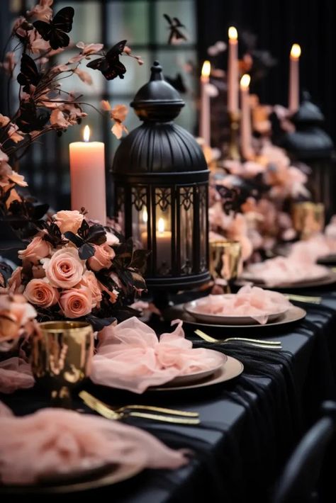 8 Halloween Table Decor Ideas: Dark, Feminine & Elegant 17 Dark Feminine Decor, Dark Table Setting, Halloween Tablescape Elegant, Elegant Halloween Dinner Party, Halloween Table Scape, Halloween Tablescape Ideas, Elegant Halloween Wedding, Witches Dinner, Diy Anniversaire