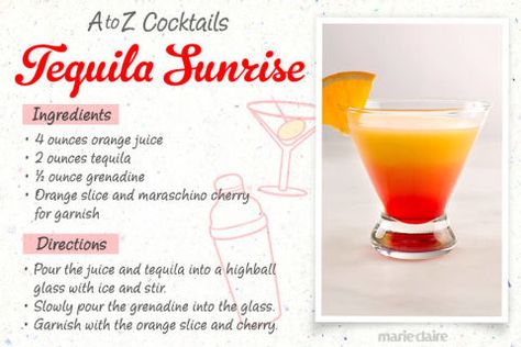 Easy to Make Cocktail Recipes - 26 Easy Cocktail Drinks Sunrise Drink, Tequila Sunrise Recipe, Fireball Recipes, Tequila Mixed Drinks, Frozen Drinks Alcohol, Easy Summer Cocktail Recipes, Tequila Sunrise Cocktail, Halloween Drinks Alcohol, Mixed Drinks Alcohol