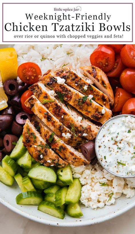 Tzatziki Bowl Grilled Chicken, Tzatziki Bowls, Savory Bowls, Chicken Tzatziki, Lots Of Tomatoes, Mediterranean Chicken Bowl, Tempting Food, Tzatziki Chicken, Chicken Over Rice