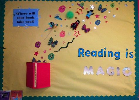 Reading is magic! Reading Display Year 1, Reading Is Magical Bulletin Board, Reading Is Magical Theme, Library Bulletin Board Ideas, Fall Library, Book Bulletin Board, School Library Bulletin Boards, Reading Corner Classroom, School Library Decor