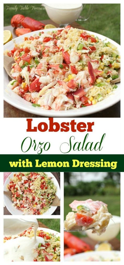 Orzo Pasta Salad with Lobster & Lemon Dressing Lobster Orzo, Pasta Cherry Tomatoes, Salad Table, Orzo Pasta Salad Recipe, Plating Food, Seafood Salad Pasta, Presentation Food, Lobster Pasta, Lobster Salad