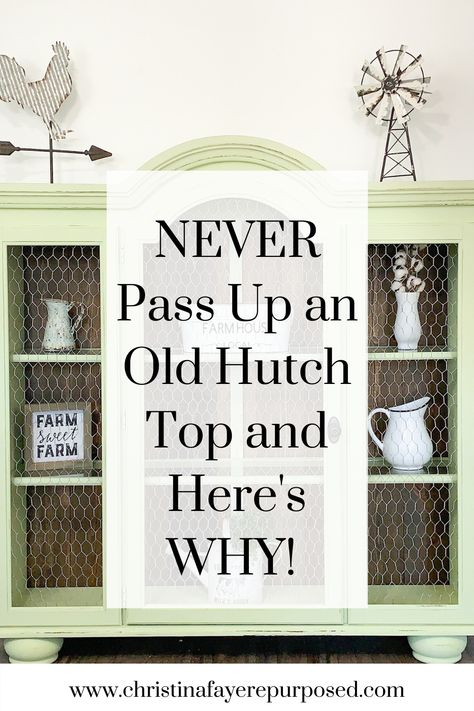 Hutch Makeover Diy, Repurposed China Cabinet, Repurposed Hutch, Repurposed China, Hutch Top, Shelf Makeover, Hutch Makeover, Green Chicken, Hutch Decor