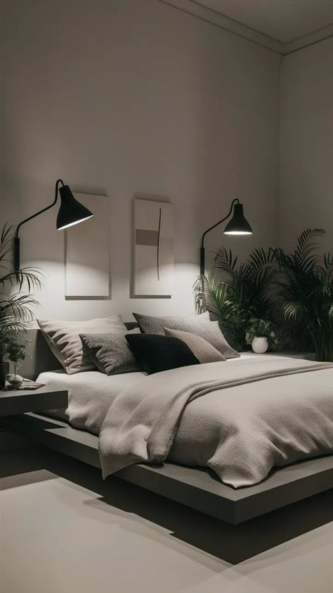 Home Decor Ideas Bedroom Minimalist, Black And White Bedroom Ideas For Couples, Sleek Minimalist Bedroom, Manly Bedroom Decor, Room Design For Couples, Cozy Bedroom Couple, Bedroom Nightstand Aesthetic, Simple Clean Bedroom Ideas, Minimal Apartment Bedroom