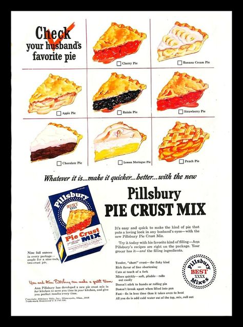 American Vintage Ads (@USA_Vintage_Ads) / Twitter American Bakery, Raisin Pie, Pillsbury Pie Crust, Vintage Food Posters, Lemon Pie Filling, Kinds Of Pie, Holiday Pies, Food Drawings, Baking Art