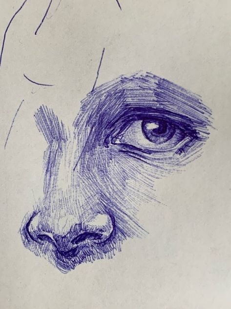 Nose Biro Drawing, How To Crosshatch A Face, Drawing Ideas With Blue Pen, Biro Pen Eye Drawing, Pen Nose Drawing, Ballpoint Pen Eye Drawing, Drawing Ideas Ballpoint Pen, Nose Pen Drawing, Eye And Nose Drawing