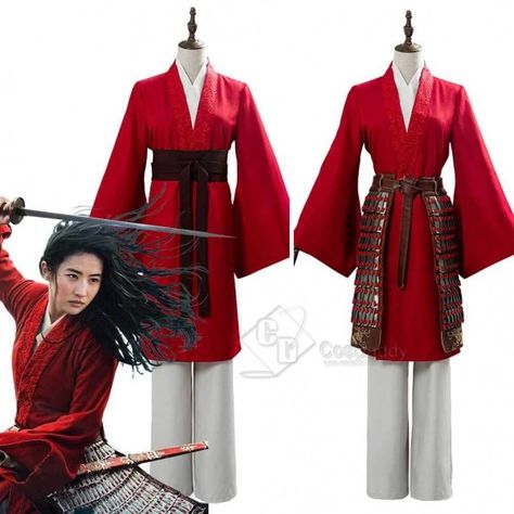 Fabric: Uniform Cloth + Fuax Leather  Including:  Coat + Inner Wear + Trousers + Corset Belt/+Armor  Category:  Mulan Costume  Character: Hua Mulan Mulan Costume Diy, Mulan Halloween, Mulan Disneybound, Mulan Outfit, Mulan Dress, Mulan 2020, Red Fancy Dress, Hanfu Cosplay, Hua Mulan