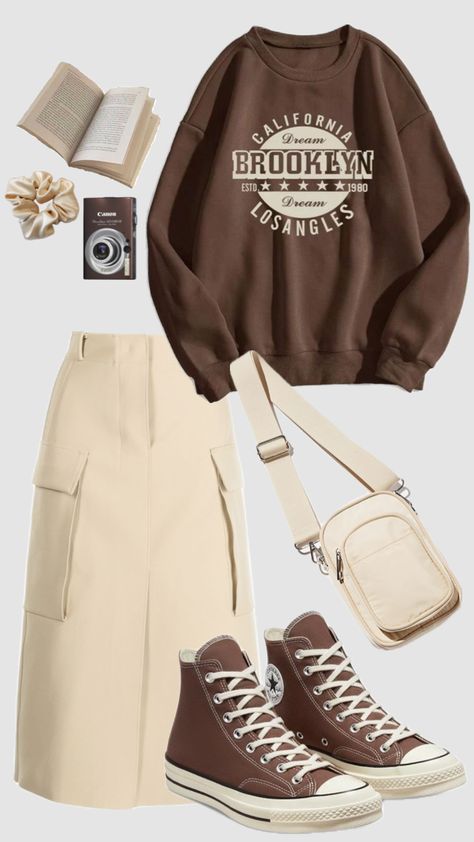 #brownaesthetic #sweatshirt #khaki #skirt #fallfashion #schooloutfit #fall #casual #ootd #outfitideas #converse #brown #autumn #modestoutfitinspo #modesty Edgy Outfits, Skirt Converse Outfit, Cute Apostolic Outfits, Modest Fashion Christian, Apostolic Outfit, Brown Autumn, Converse Outfit, Casual Ootd, Khaki Skirt