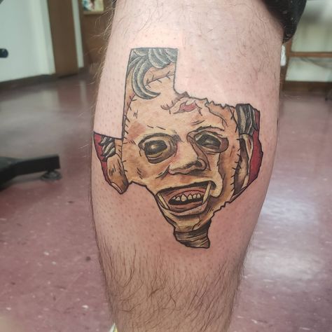 Leatherface from the Texas Chainsaw Massacre done by Kevin Davies at Wolf's Fine Line in Joliet IL #tattoos #tattoo #beauty Texas Chainsaw Tattoo Ideas, Leatherface Tattoo Ideas, Leather Face Tattoo, Texas Chainsaw Tattoo, Leatherface Tattoo, Chainsaw Tattoo, Horror Sleeve, Horror Tattoos, Left Arm Tattoos