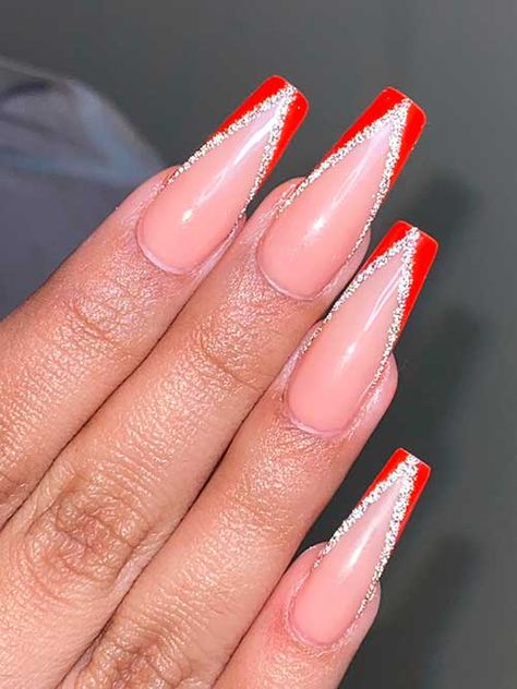 V French Red and Silver Nails Red French V Tip Nails, Vtip French Nails Coffin Red, Red And White French Tip Nails Coffin, Red V Shape French Tip Nails, V French Nails Square, Red French Tip With Silver Line, Red Nails With Christmas Design, Nails To Go With A Red Prom Dress, Red V Nails