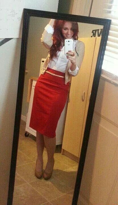 Cute Neutral Cardigan, Red Pencil Skirt, Red Pencil, Pencil Skirt White, Red Skirt, Skirt White, Wearing Red, White Top, White Shirt