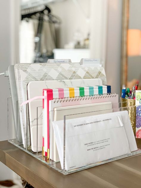 Snack Around the Plate | Kelley Nan Organized Paperwork Aesthetic, Organised Office Desk, Desk Organization Amazon, Acrylic Desk Organization, Office Desk Organisation, How To Organize Stationary, Desk Risers Ideas, Organizing Office Desk, Acrylic Organizer Ideas