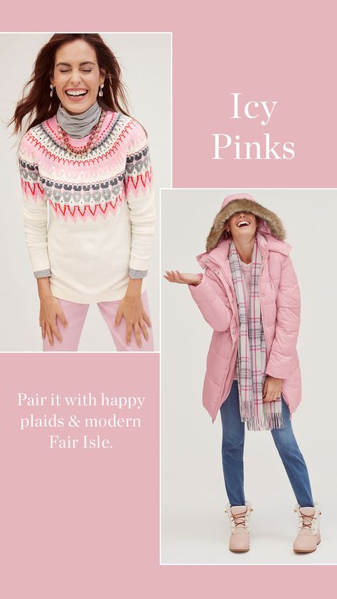 Icy pink. Pair it with happy plaids & modern Fair Isle. | Talbots Winter 2019 Icy Pink Outfit, Deep Winter Pink, Modern Fair Isle, Deep Winter Palette Outfits, Hoc Winter, Bright Winter Outfits, True Winter Color Palette, Talbots Outfits, Cool Winter Color Palette