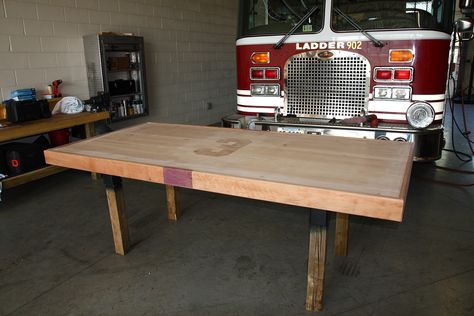 Fire Truck Bar Ideas, Firefighter Tables, Firehouse Themed Bar, Fire Station Interior Design, Fire Station Design, Fire Dept Decor, Steam Radiators, Prop Storage, Old Fire Station