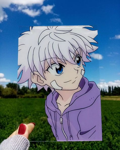 Anime Character Glass Painting, Hunter X Hunter Glass Painting, Anime Glass Art Painting, Glass Paintings Anime, Glass Anime Painting, Glass Sheet Painting, Killua Glass Painting, Glass Art Anime, Anime Glass Painting Ideas